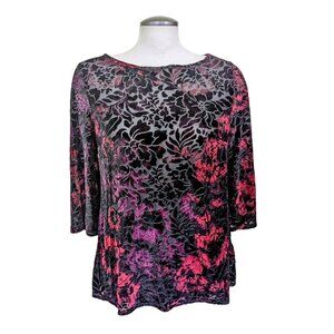 Roz Ali Velvet Burnout Top Size M Womens Semi Sheer Silky Mesh Dark Red Black